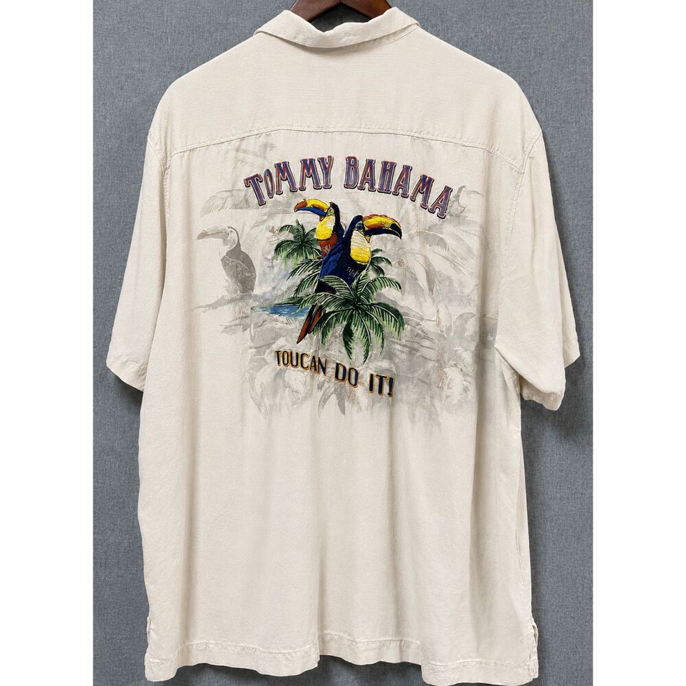 Vintage Tommy Bahama Toucan Do It Silk Embroidered Hawaiian Shirt Mens XL READ